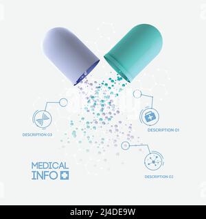 Résumé médecine concept infographie avec capsule médicale ouverte pilule trois options et icônes illustration vectorielle isolée Illustration de Vecteur