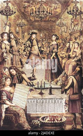 L'almanach royal de 1682 grave par Pierre Landry représentant un Bal a la Francaise ou Rejouissances de l'heureux retour de leurs Majestes (Louis XIV) apère l'expédition en Alsace ou il Conquit Strasbourg. Louis XIV danse avec la reine Marie Therese, une gauche le Dauphin (Louis de France (1661-1711) dit le Grand Dauphin) et la Dauphine (Marie Anne Christine de Baviere, 1660-1690), un droit un autre forme par Philippe Duc d'Orléans (1640-1701) dit Monsieur, frère du roi, sa la princesse Palatine Charlotte Elisabeth de Bavière (1652-1722), duchesse d'Orléans. Dans le c Banque D'Images
