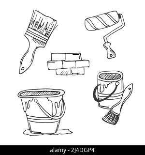 Outils réparer les icônes de Doodle. Icônes de peinture murale. Isolé sur blanc Illustration de Vecteur