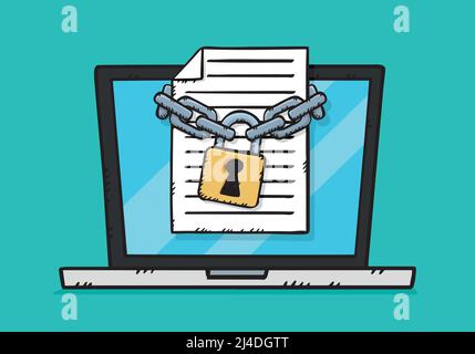 Illustration vectorielle de style dessin animé d'un fichier de document verrouillé par des chaînes et un cadenas, s'affichant sur l'écran de l'ordinateur portable Illustration de Vecteur