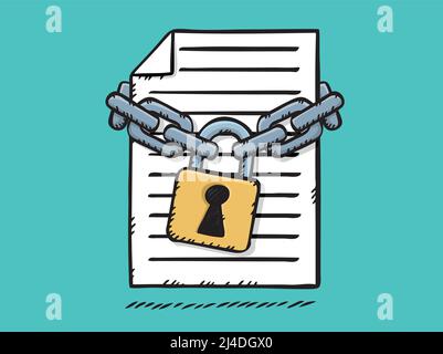 Illustration vectorielle de style dessin animé d'un fichier de document verrouillé par des chaînes et un cadenas Illustration de Vecteur