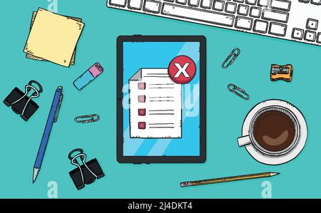 Illustration vectorielle de la liste de contrôle dessinée à la main avec les mauvaises réponses signalées sur l'écran de la tablette Illustration de Vecteur