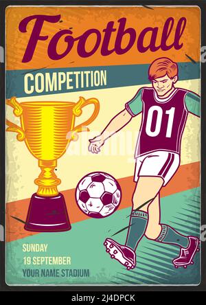 Affiche publicitaire avec illustration d'un joueur de football avec une balle et une coupe dorée sur fond poussiéreux. Illustration de Vecteur