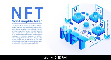 NFT non fongible-Token concept comme illustration isométrique de bannière large. Illustration de Vecteur