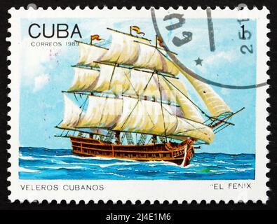 CUBA - VERS 1989 : un timbre imprimé à Cuba montre El Fenix, navire de guerre cubain, navire de voile, vers 1989 Banque D'Images