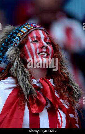 Madrid, espagnol. 13th avril 2022. Madrid, Espagne; 13.04.2022.- Atletico de Madrid vs Manchester City Quarter finales 2nd jambes Champions League, match tenu au stade Wanda Metropolitano dans la ville de Madrid. Atletico Fan résultat final 0-0 résultat global Atletico de Madrid 0 Chelsea 1 crédit: Juan Carlos Rojas/dpa/Alamy Live News Banque D'Images