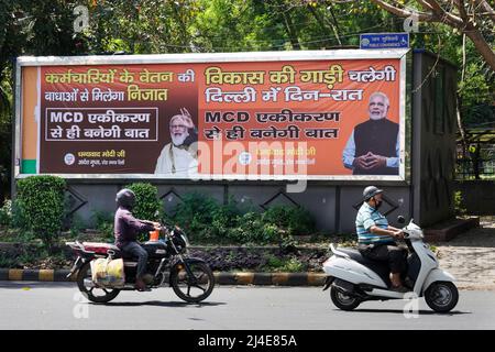 Une affiche du Premier ministre indien Narendra Modi dans les rues de Delhi, en Inde, en Asie Banque D'Images