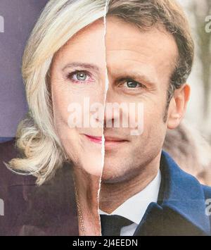 Paris, France. 14th avril 2022. Illustration du deuxième tour de l'élection présidentielle en France, avec les bulletins de vote du président actuel Emmanuel Macron (LREM) et Marine le Pen (RN), à Paris, en France, le 14 avril 2022. Les électeurs français se dirigent vers les urnes pour voter et élire leur nouveau président de la République. Crédit : Victor Joly/Alamy Live News Banque D'Images