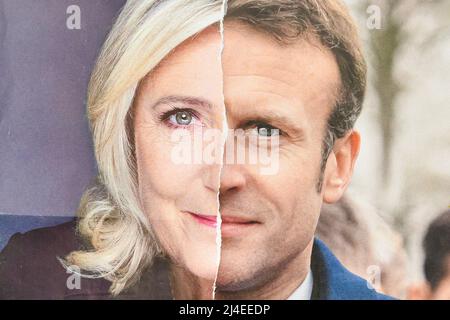 Paris, France. 14th avril 2022. Illustration du deuxième tour de l'élection présidentielle en France, avec les bulletins de vote du président actuel Emmanuel Macron (LREM) et Marine le Pen (RN), à Paris, en France, le 14 avril 2022. Les électeurs français se dirigent vers les urnes pour voter et élire leur nouveau président de la République. Crédit : Victor Joly/Alamy Live News Banque D'Images