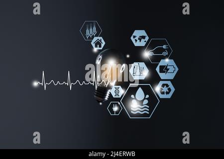 Ampoule avec icônes sources d'énergie pour le développement durable, renouvelable, économiser l'énergie. Concept d'écologie. Banque D'Images