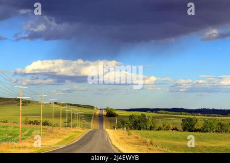 Une route de campagne avec des rangées de poteaux en bois en Alberta, au Canada. Un poteau de service public, également appelé poteau de puissance, poteau de téléphone, télégraphe Banque D'Images