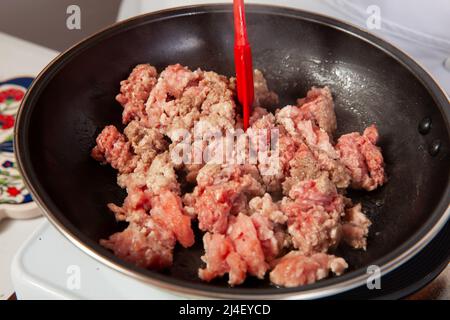 Préparation de bœuf haché avec la sauce traditionnelle colombienne hogao ou criollo (salsa criolla) à base d'oignon, de tomate, de poivrons et de coriandre Banque D'Images