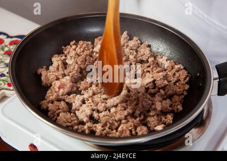 Préparation de bœuf haché avec la sauce traditionnelle colombienne hogao ou criollo (salsa criolla) à base d'oignon, de tomate, de poivrons et de coriandre Banque D'Images