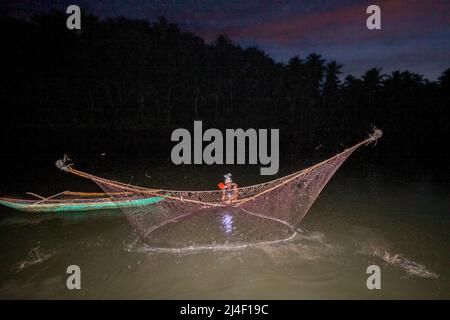 Un pêcheur local sur la rivière Ubod jette son filet au crépuscule, Donsol, province de Sorsogon, Luzon, Philippines. Banque D'Images