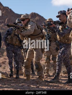 CAMP TITITITIN, Jordanie (15 mars 2022) - Marines des États-Unis avec 2nd Bataillon, 24th Marines et Marines jordaniennes du 77th Royal Jordanian Marine Bataillon concourent dans un défi de rechargement de vitesse de munitions lors de l'exercice Intrepid Maven (IM) 22-1, à bord du Camp Titin, Jordanie, mars 15. Im est une série d'engagements bilatéraux entre les forces du corps des Marines des États-Unis, le Commandement central et les Forces armées jordaniennes (JAF) qui offre une occasion d'échanger des tactiques et des compétences militaires. L'IM 22-1 est le premier des engagements multiples prévus entre le corps des Marines des États-Unis et le JAF pour accroître l'interopérabilité Banque D'Images