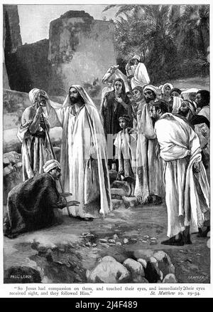 Gravure de Jésus curatif deux aveugles. Matthieu 20:29-34 Banque D'Images