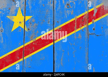 Drapeau de la république démocratique du congo sur une ancienne surface en bois rustiques et fissurée Banque D'Images