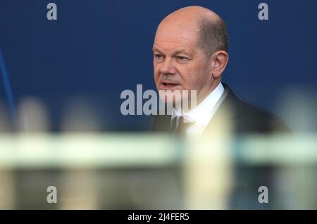 Berlin, Allemagne. 11th avril 2022. Le Chancelier OLAF (SPD) s'entretient avec le Premier ministre albanais Rama lors d'une conférence de presse conjointe au bureau du Chancelier. Crédit : Soeren Stache/dpa/Alay Live News Banque D'Images