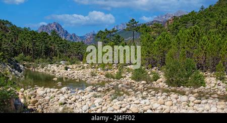 La rivière Solenzara avec ses magnifiques piscines naturelles dans l'eau cristalline au sud-est de l'île de Corse, en France. Banque D'Images