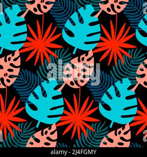 Motif Monstera et palmier sans couture, couleur riche en feuilles tropicales, illustration Banque D'Images