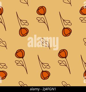 Délicate fleur rouge tulipe orange, sans couture motif fond jaune papier peint conception textile Banque D'Images