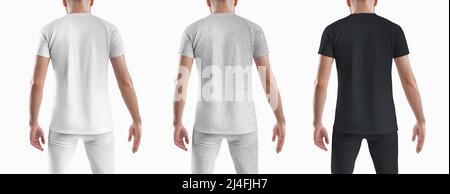 Ensemble de maquettes blanches, noires et grises chinées d'un ensemble de pantalons et de t-shirts sportswear pour homme. Modèle sur un homme isolé sur fond. Vue arrière. Banque D'Images