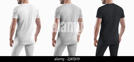 Ensemble de maquettes blanches, noires et grises chinées d'un ensemble de pantalons et de t-shirts sportswear pour homme. Modèle sur un homme isolé sur fond. Vue arrière. Banque D'Images