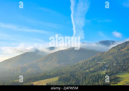 Matin d'été ensoleillé dans les Carpates ukrainiens. Léger brouillard et nuages sur les montagnes boisées Banque D'Images