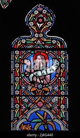 Une fenêtre en vitraux de Frederick Preedy représentant Elias ou Élie à la Transfiguration du Christ, l'église Sainte Marie, Snettisham, Norfolk Banque D'Images