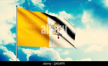 Le drapeau du Vatican sur un fond bleu ciel.Motion. Le vent qui souffle sur un drapeau jaune et blanc à deux tons avec le symbole national du Banque D'Images