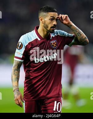 Manuel Lanzini de West Ham United lors de la finale du quart de finale de l'UEFA Europa League, deuxième match au stade Groupama à Lyon, France. Date de la photo : jeudi 14 avril 2022. Banque D'Images