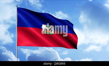 Le drapeau d'Haïti. Motion.Une toile bicolore se développant sur l'arrière-plan d'un ciel bleu clair. Banque D'Images