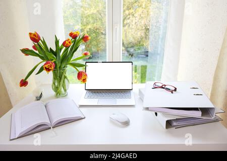 Bureau près de la fenêtre, ordinateur portable avec écran blanc vierge, reliure à anneaux, organiseur et bouquet de tulipes sur un bureau blanc à la maison, maquette, espace de copie, Banque D'Images