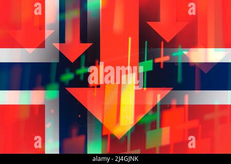 Flèches indiquant une tendance à la baisse de l'économie en période de crise mondiale ou une tendance à la baisse des actions en bourse en Norvège. Banque D'Images