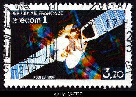 FRANCE - VERS 1984 : un timbre imprimé en France montre Telecom I satellite, vers 1984 Banque D'Images