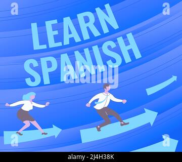 Affiche indiquant apprendre l'espagnol. Business Idea Translation Language in Spain Vocabulaire dialecte Discours flèches guider deux collègues collaborateurs Banque D'Images