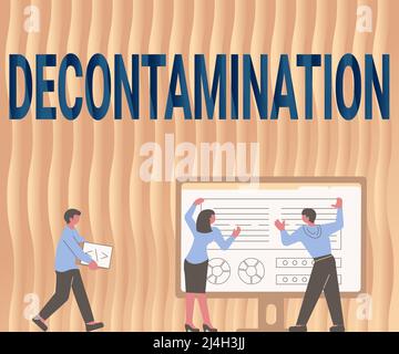 Affichage conceptuel décontamination. Concept d'entreprise neutralisant chaque présence de substances dangereuses collègues dessin debout à côté de la table Banque D'Images