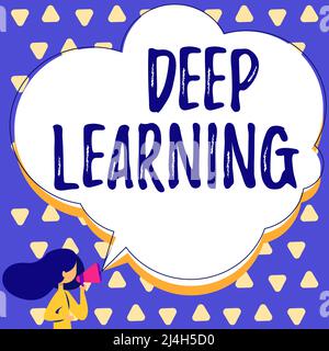 Affichage conceptuel apprentissage en profondeur. Concept Internet abstractions hiérarchiques Intelligence artificielle Algorithm Femme parlant par Megaphone making Banque D'Images