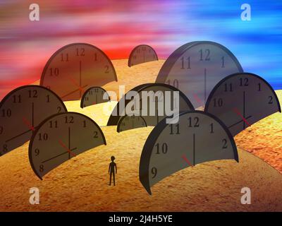 Perdu dans le temps. Silhouette d'un homme dans un désert plein d'horloges abandonnées. Banque D'Images