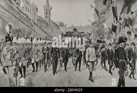 Vienne, Autriche. Les funérailles de l'impératrice Elisabeth d'Autriche (1837-1898). Impératrice const. D'Autriche (1854-1898). Le cortège à Augustinerstrasse le 16 septembre 1898. Elisabeth a été assassinée par un anarchiste italien, Luigi Lucheni, tout en marchant le long du lac Léman. Photogravure. La Ilustración Española y Americana, 1898. Banque D'Images