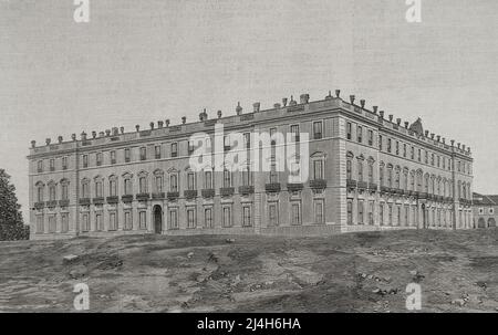 Guerre hispano-américaine. La guerre entre l'Espagne et les États-Unis en 1898, à la suite de l'intervention américaine dans la guerre d'indépendance de Cuba. Espagne. Palais royal de Riofrío (province de Segovia). La reine Regent Maria Christina de Habsburg-Lorraine ordonna de l'utiliser comme sanatorium pour les soldats rapatriés. Gravure par Laporta. La Ilustración Española y Americana, 1898. Banque D'Images