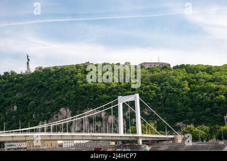 Le pont Elisabeth est un pont suspendu achevé en 1964, qui s'étend sur le Danube et rejoint les villes de Buda et Pest, en Hongrie. Banque D'Images