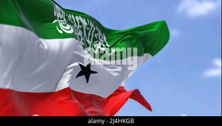 Vue rapprochée latérale du drapeau national du Somaliland qui agite sous le vent. En arrière-plan, il y a un ciel clair. Patriotisme et fierté. État non reconnu lo Banque D'Images
