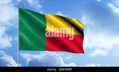 Pavillon du pays, patreusement pavotique. Mouvement. Magnifique tissu de drapeau en développement sur le mât dans le ciel. Drapeau du Bénin sur fond de ciel Banque D'Images