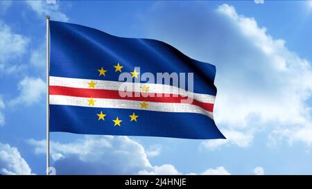 Pavillon du pays, patreusement pavotique. Mouvement. Magnifique tissu de drapeau en développement sur le mât dans le ciel. Drapeau du Cap-Vert sur fond de ciel Banque D'Images