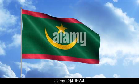 Drapeau sur le mât flotte sur fond de ciel. Mouvement. Le magnifique drapeau du pays vole dans le ciel. Élever l'esprit patriotique avec le drapeau de la Mauritanie Banque D'Images