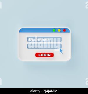 Ouverture de session fenêtre contextuelle de l'interface utilisateur Nom d'utilisateur et mot de passe sur fond bleu. Système d'exploitation informatique navigateur Internet et concept de réseau social. 3D Banque D'Images