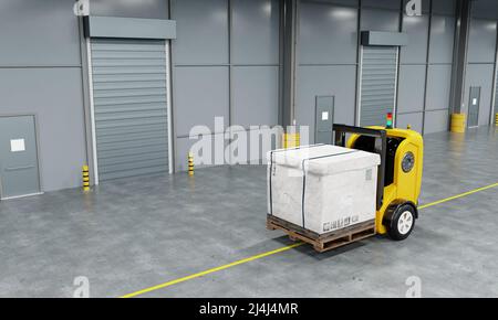 Robot de voiture sans conducteur chariot élévateur robot de levage et de déplacement palettes boîte en carton à la salle de stockage en arrière-plan de l'usine. Business industriel et pro Banque D'Images