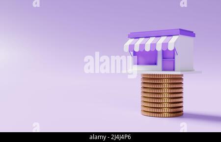 Magasin de supermarché sur l'empilage des pièces de monnaie dorées sur fond violet. Concept financier et économique. 3D rendu d'illustration Banque D'Images