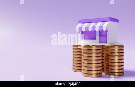 Magasin de supermarché sur l'empilage des pièces de monnaie dorées sur fond violet. Concept financier et économique. 3D rendu d'illustration Banque D'Images